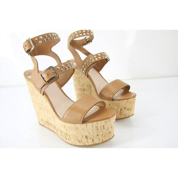 Miu Miu Brown Leather Studded Platform Wedge Sandals - Picture 8 of 12